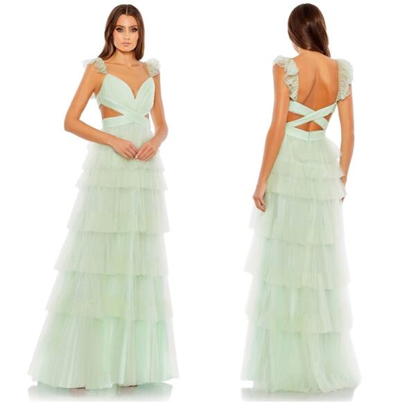 Mac Duggal Ruffle Tiered Tulle Cutout Mint Green Maxi Gown Size 12 - Picture 1 of 12